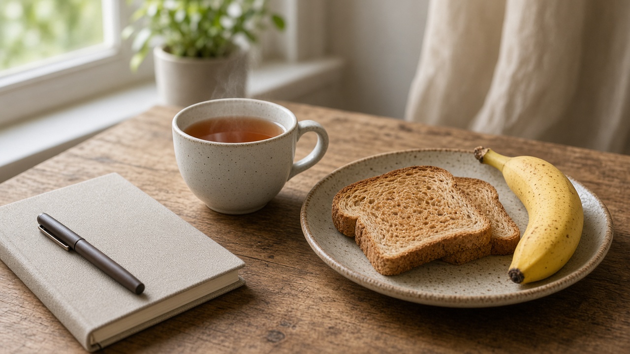 A breakfast table with a closed notebook, a cup of tea, toast and a banana