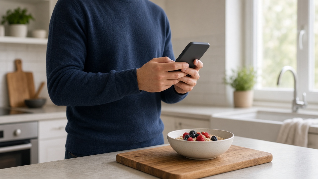 A kitchen counter with a phone lying face down beside a mug and a chopping board