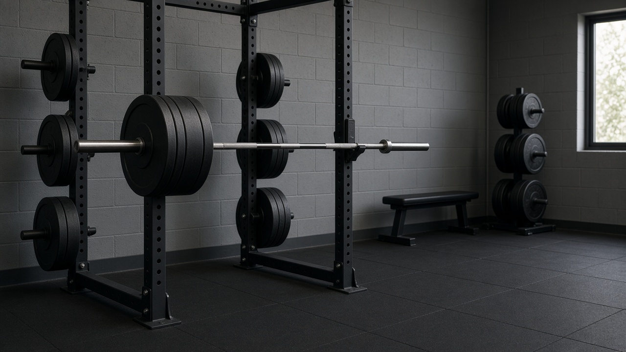 A quiet gym interior with a squat rack and stacked iron plates