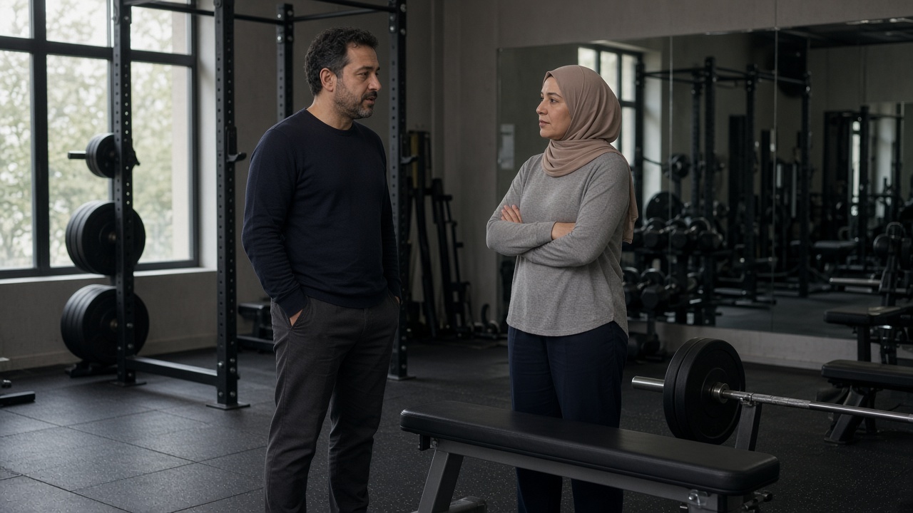 Two adults in modest gym clothes talking beside a weight bench