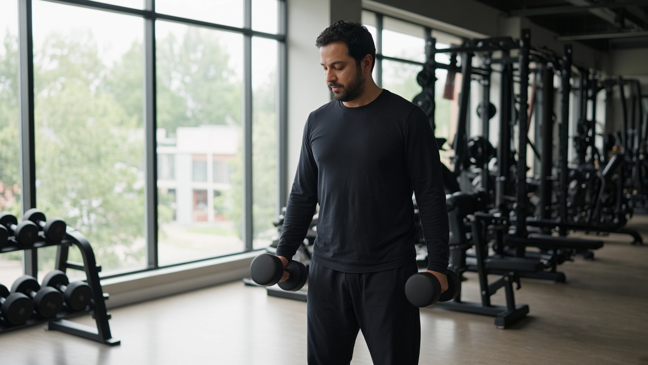 An adult in a grey hoodie lifting dumbbells in a bright gym