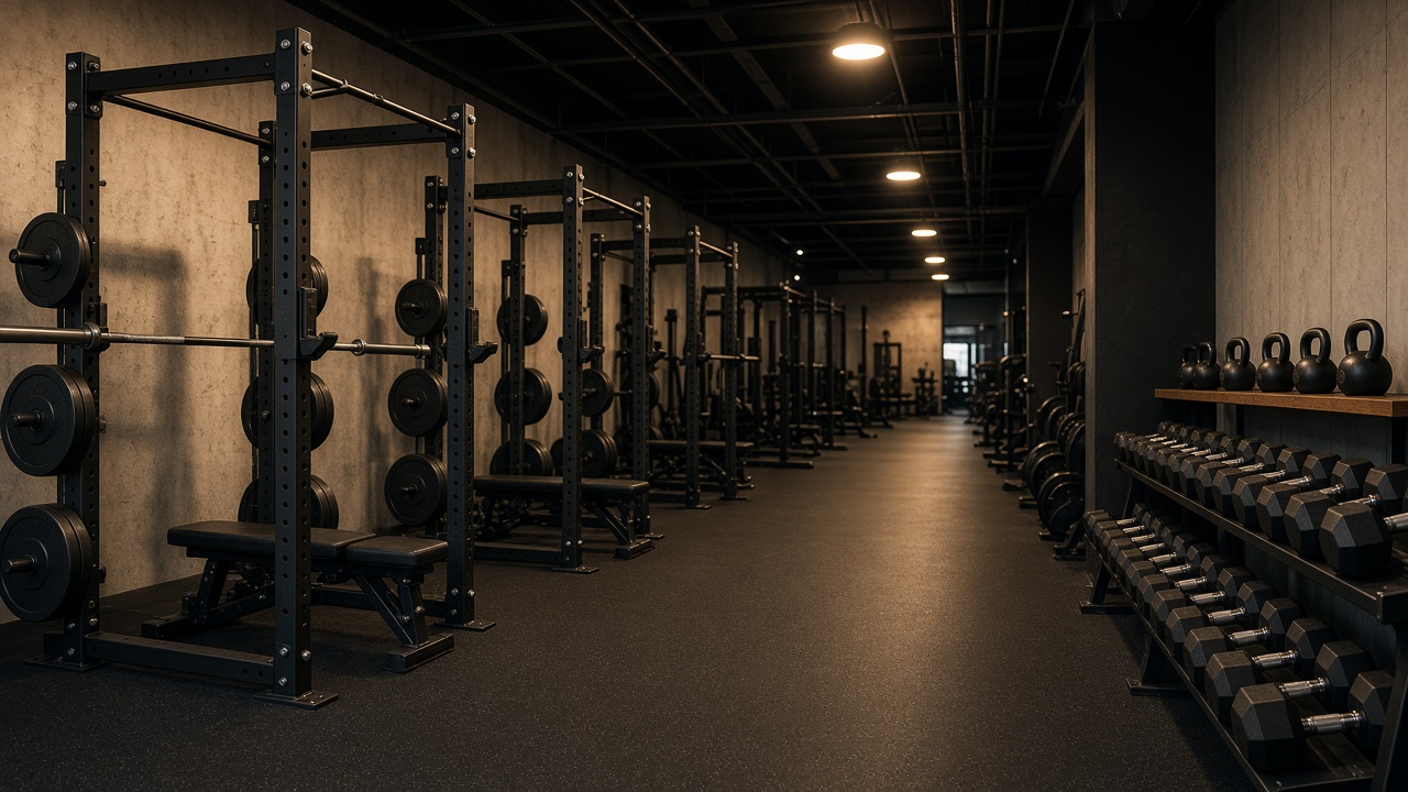 An empty commercial gym with squat racks and dumbbells