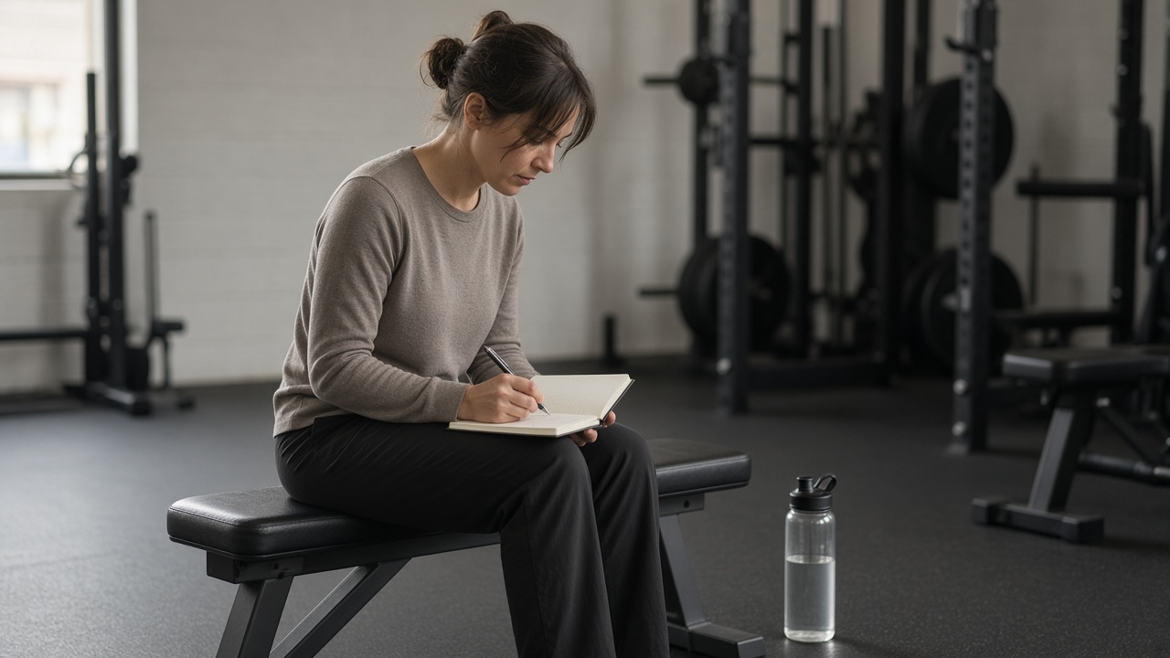 A person in long sleeves writing workout numbers into a notebook on a gym bench