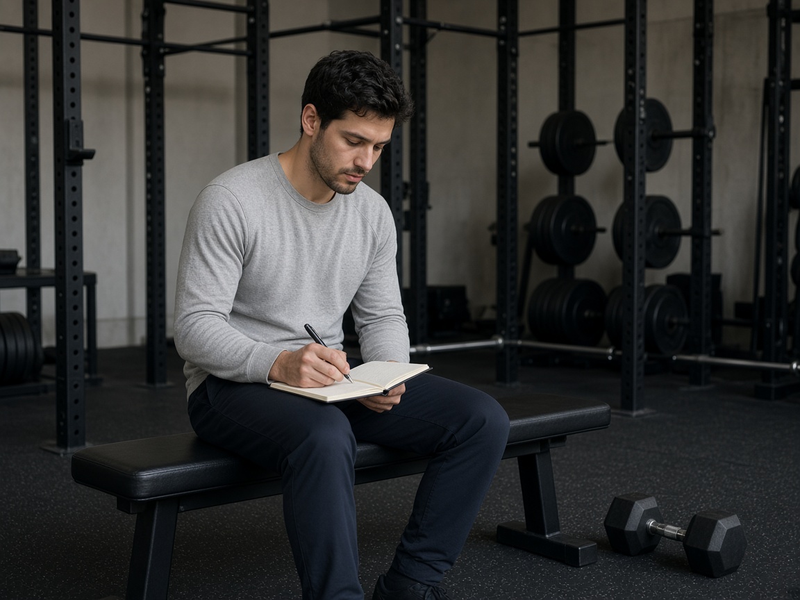 A person in a long-sleeve shirt writing in a notebook beside dumbbells on a gym bench