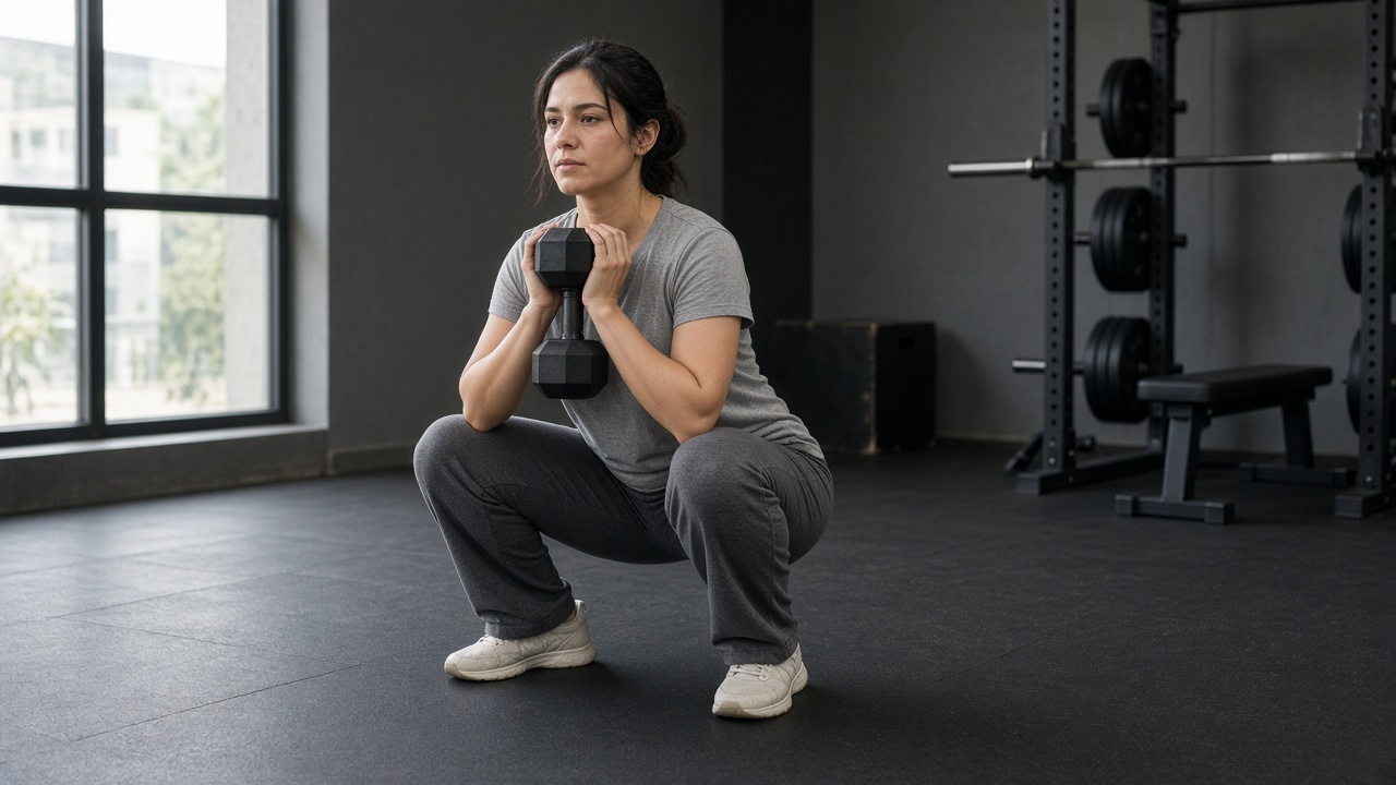 A woman in a t-shirt and training trousers holding a dumbbell during a squat in a gym