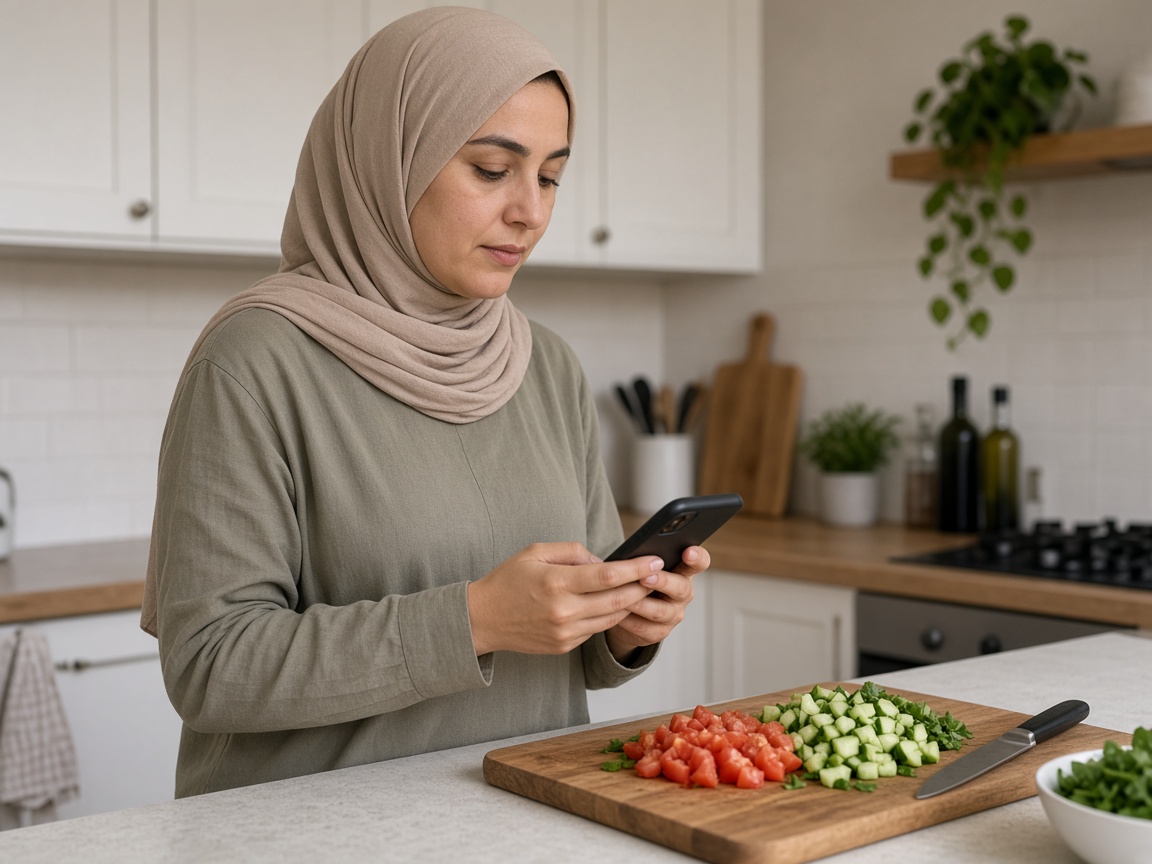 A person in a long-sleeve shirt at a kitchen counter with a phone held so the screen is not readable, beside chopped vegetables