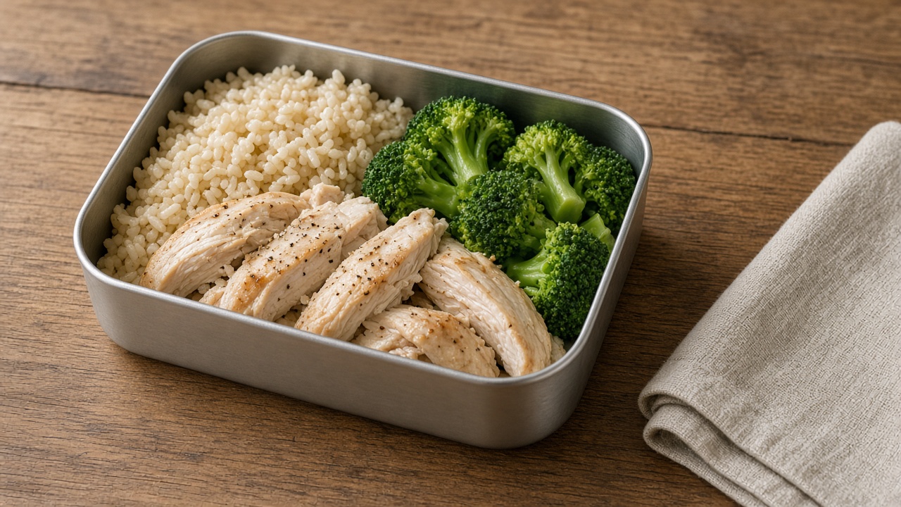 An unlabelled metal lunch box with rice, broccoli, and sliced chicken on a wooden table