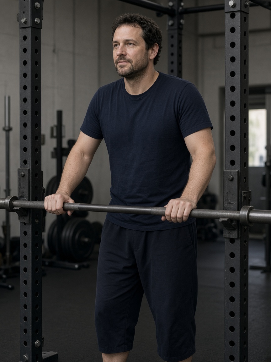A man in a navy t-shirt standing at a barbell in a squat rack