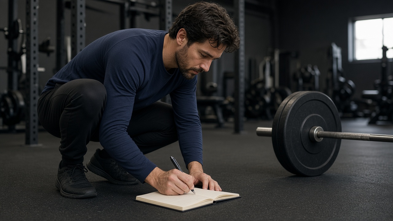 A man in a navy shirt writing in a paper notebook beside a barbell
