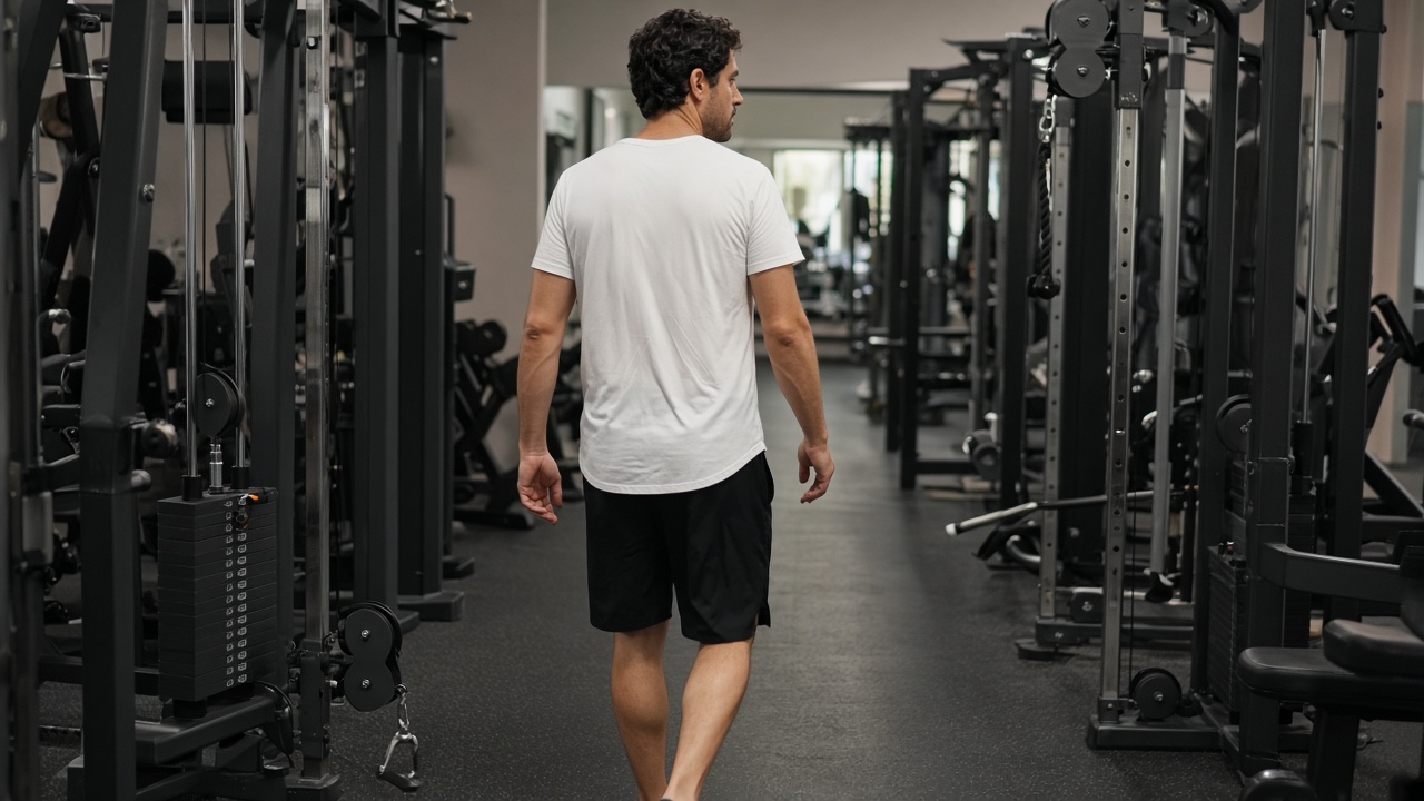 A man in a white t-shirt walking down a gym aisle between machines