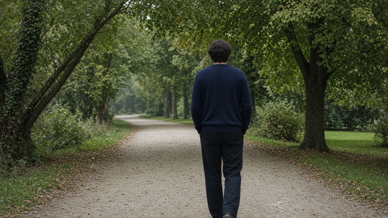 An adult in a navy jumper walking along a leafy park path