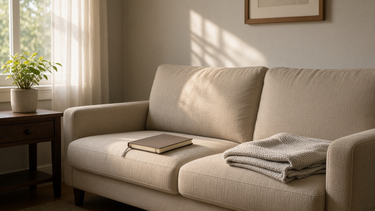 A closed notebook and a folded blanket on a sofa in afternoon light