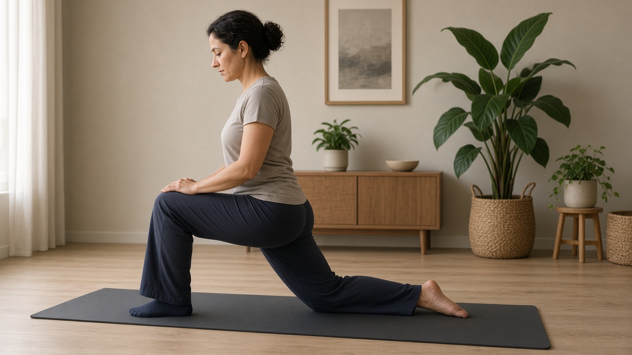 An adult in a t-shirt and full-length trousers holding a kneeling hip stretch on a mat