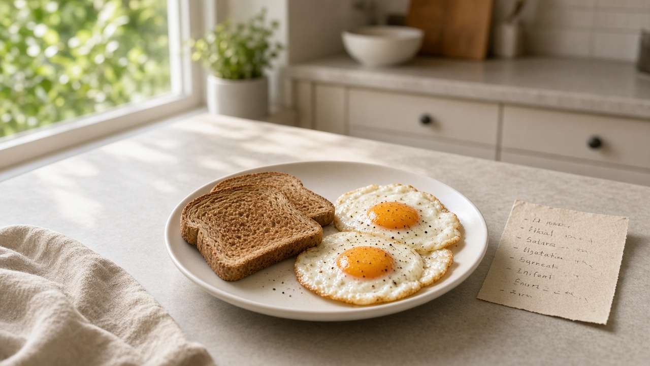 Toast and eggs on a plate beside a handwritten shopping list