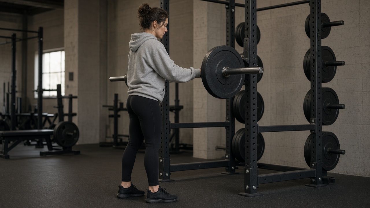 A woman in a grey hoodie loading a barbell on a squat rack