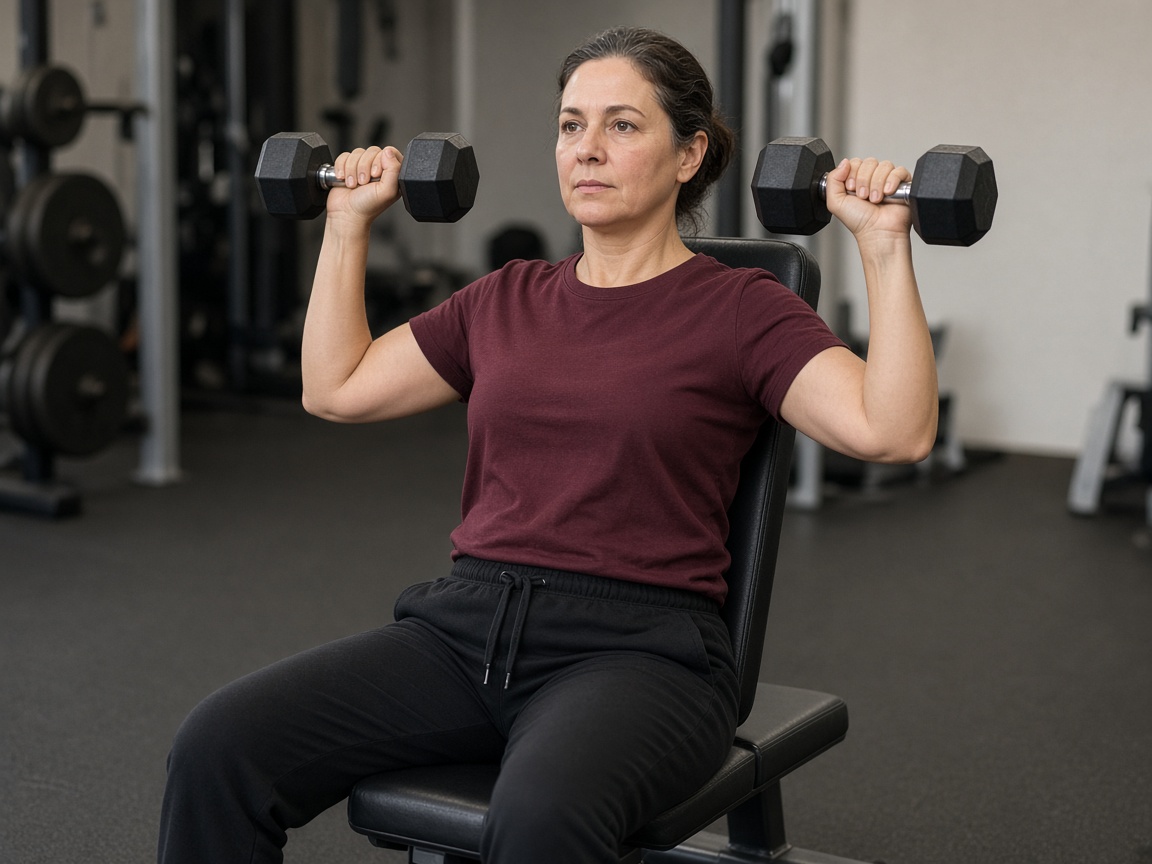 A woman in a maroon shirt pressing dumbbells on a bench