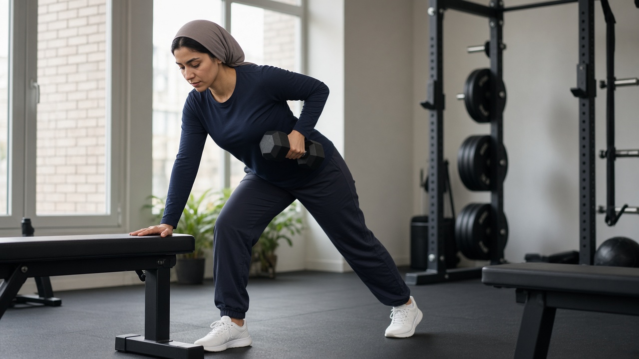 A woman in a black top performing a dumbbell row on a gym bench
