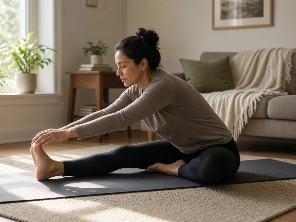 An adult in a long-sleeve top on a yoga mat reaching toward one extended foot
