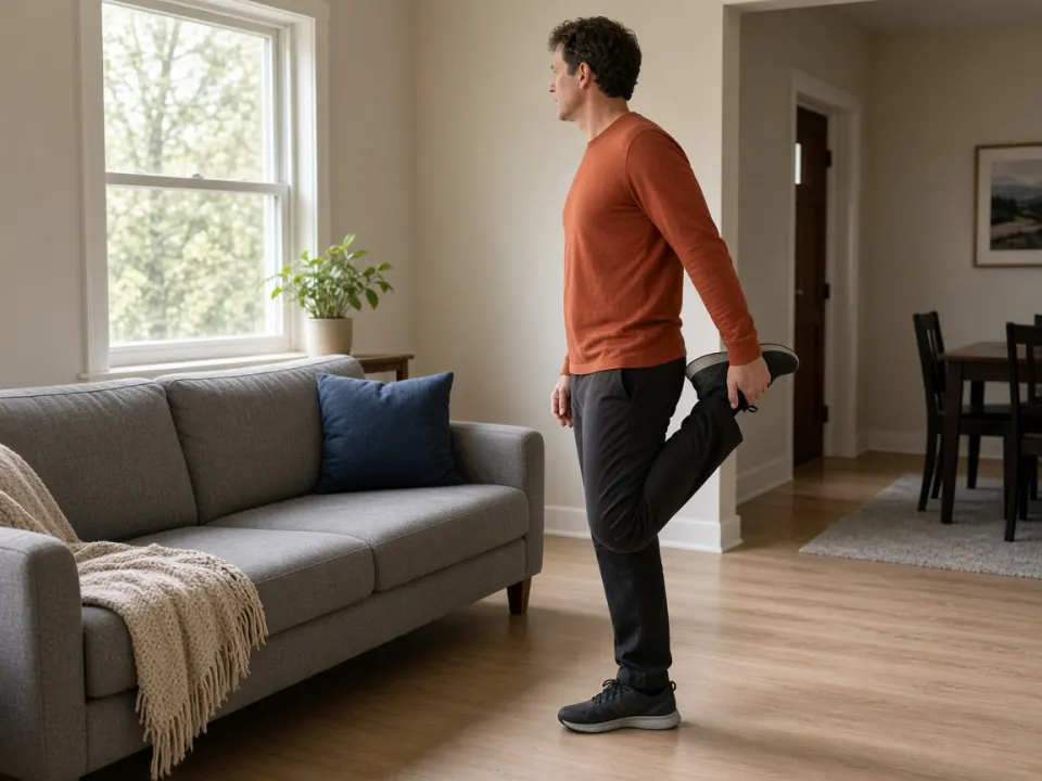 An adult in a rust long-sleeve shirt stands beside a sofa holding one ankle behind them