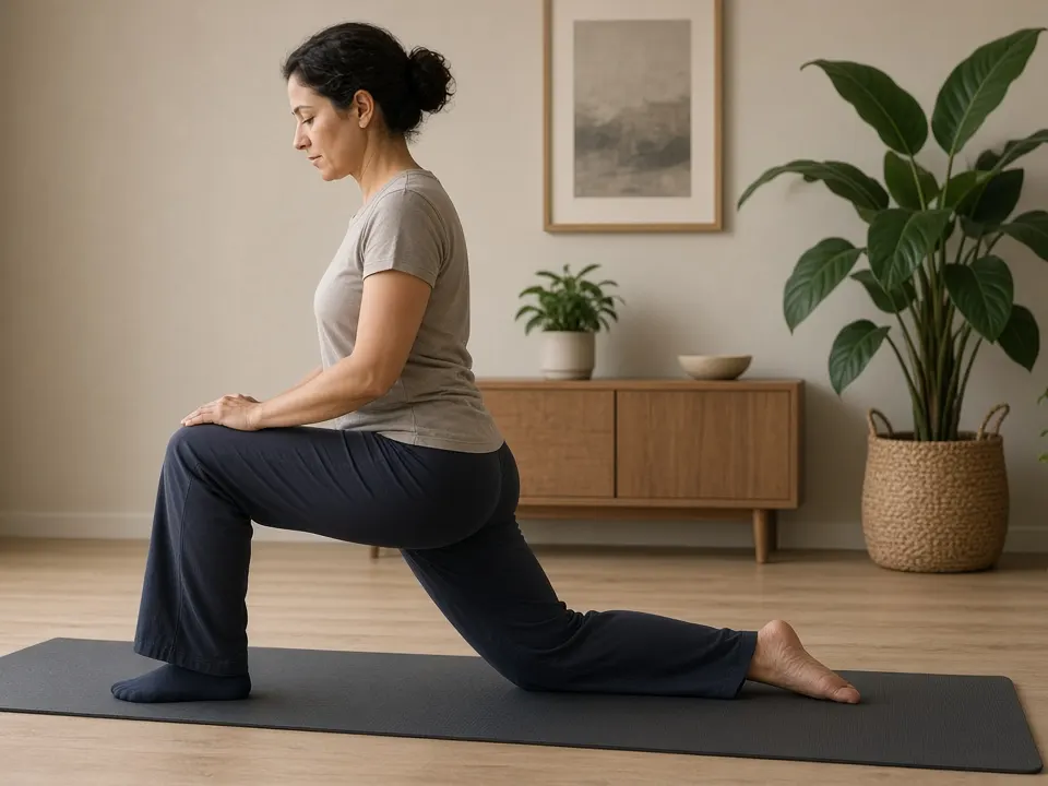 An adult in a t-shirt and trousers kneeling on a yoga mat in a hip-flexor stretch