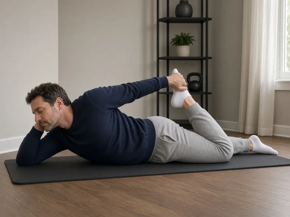 Man in a navy sweatshirt and grey sweatpants lying on his side for a gentle quad stretch