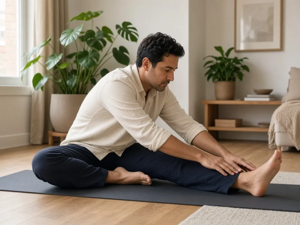 Man in a cream long-sleeve shirt and navy trousers doing a seated hamstring stretch on a yoga mat