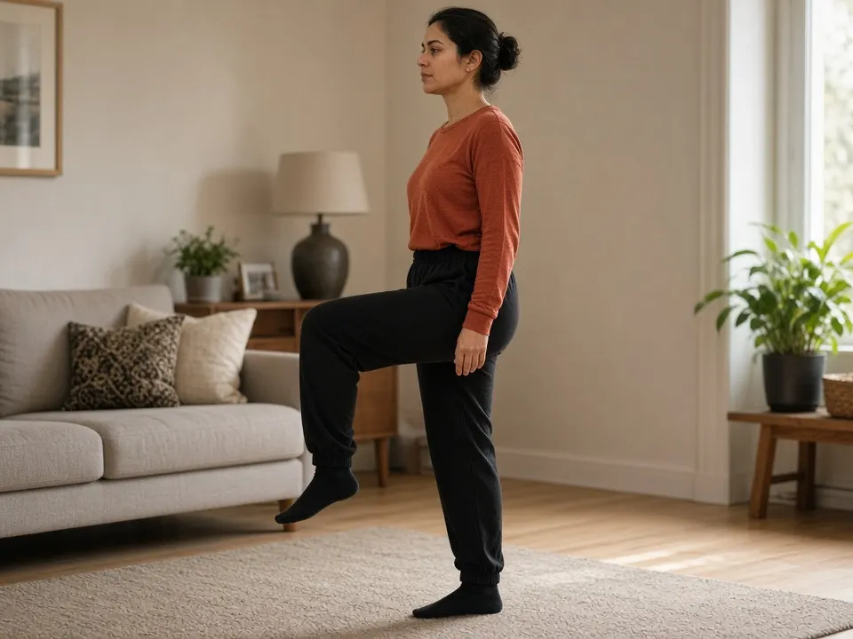 Woman in a rust long-sleeve top and black joggers marching in place in a living room