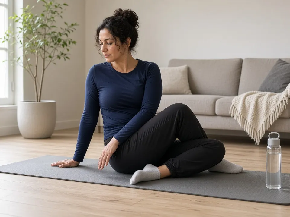 Woman in a navy long-sleeve top and black joggers performing a seated hip opener on a grey yoga mat