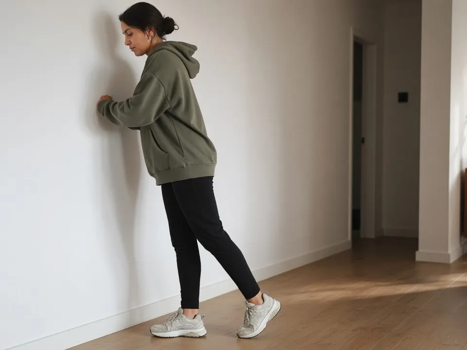 Woman in an olive hoodie and black trousers doing a standing calf stretch against a white wall