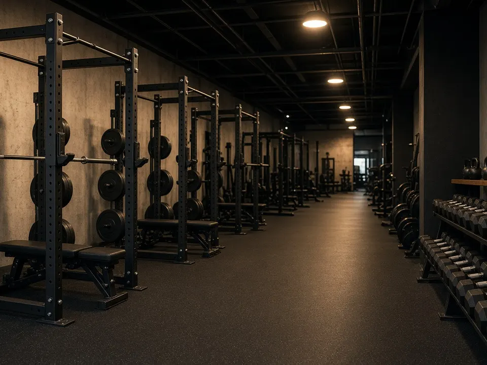 Empty commercial gym with squat racks and dumbbells
