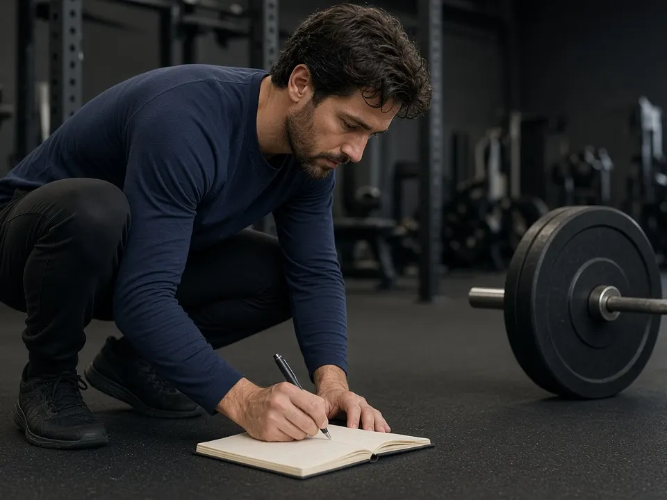 A man in a navy shirt writing in a notebook beside a barbell