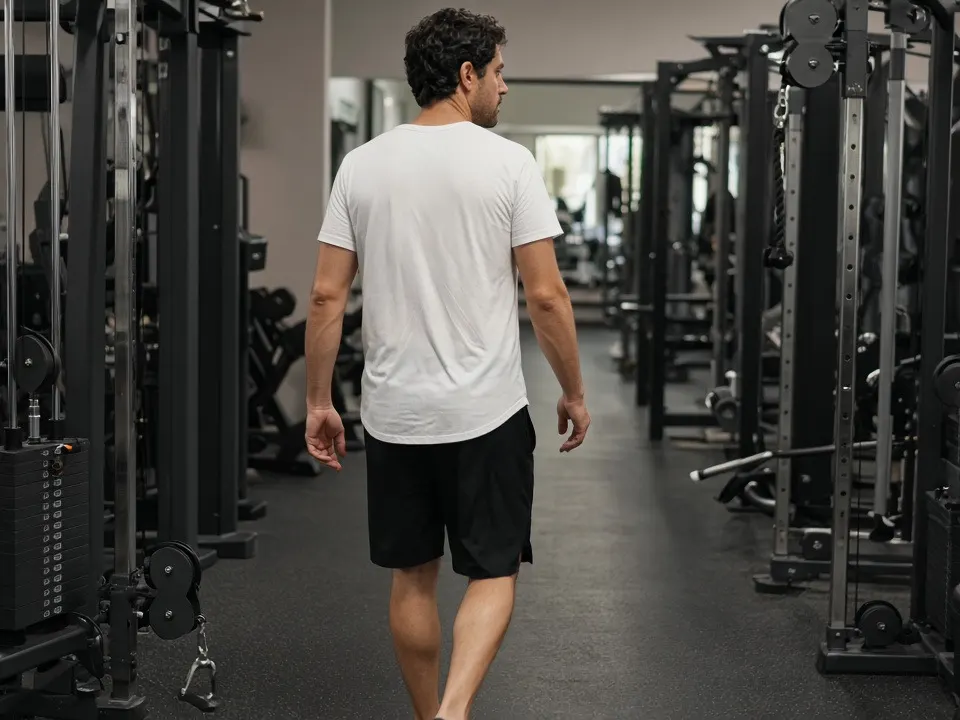 A man in a white t-shirt walking down a gym aisle