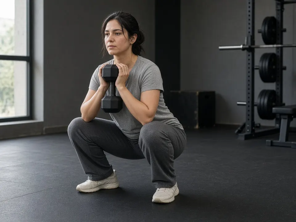 A woman in a t-shirt and training trousers holding a dumbbell during a squat in a gym