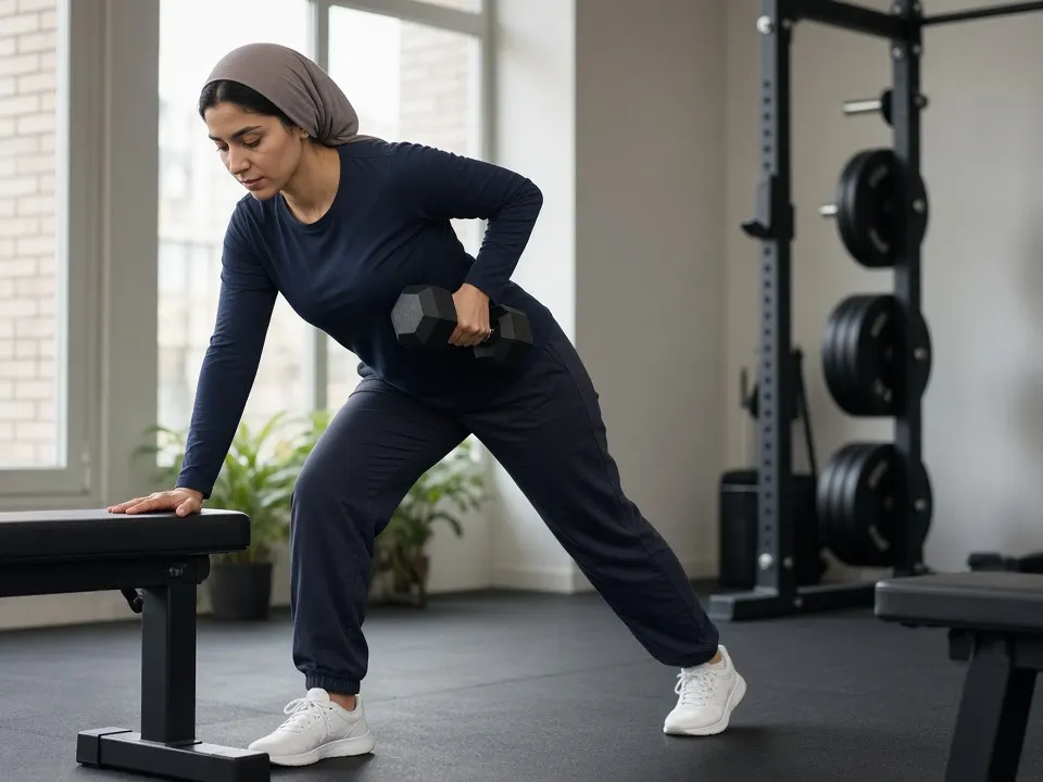 A woman in a black top performing a dumbbell row on a gym bench