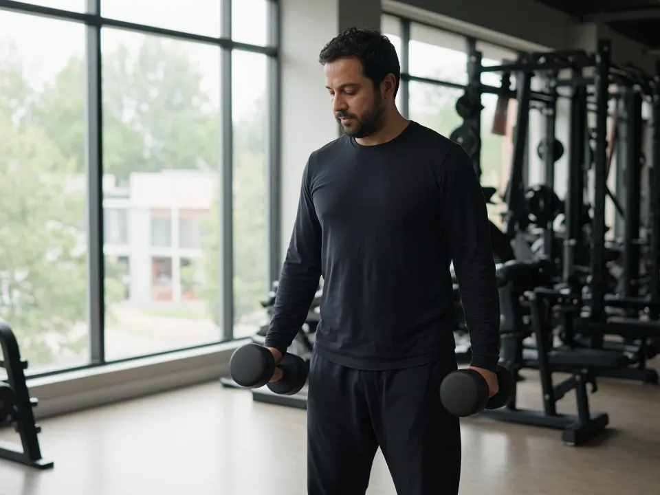 An adult in a grey hoodie lifting dumbbells in a bright gym