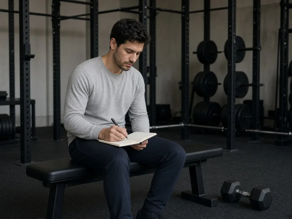 A person in a long-sleeve shirt writing training notes beside dumbbells