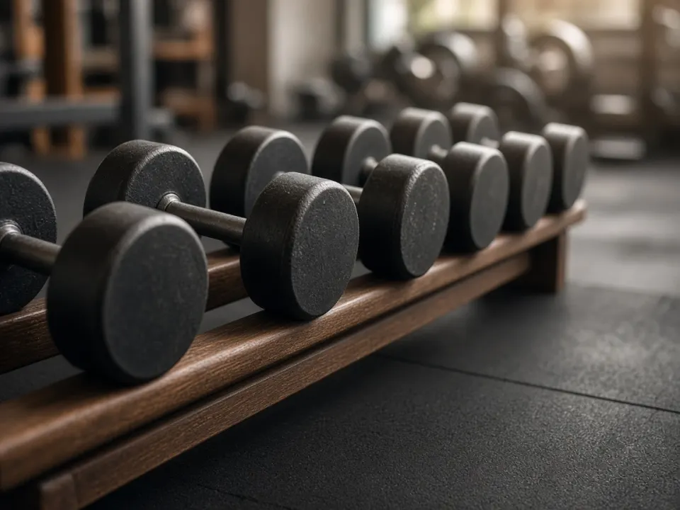 Unbranded iron dumbbells lined on a wooden gym rack