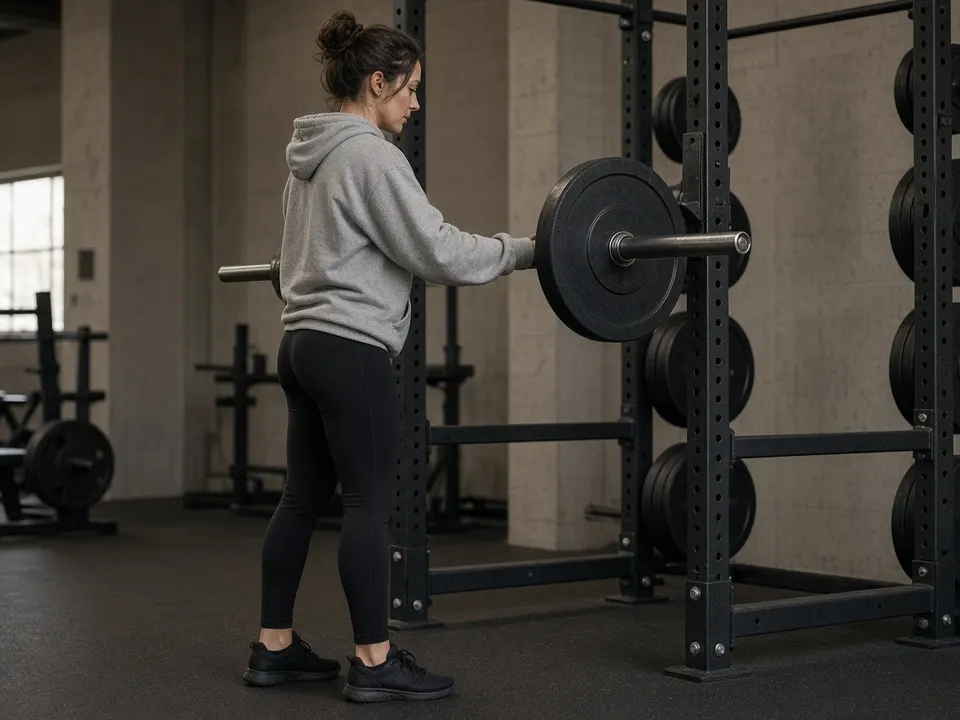 A woman in a grey hoodie loading a barbell on a squat rack