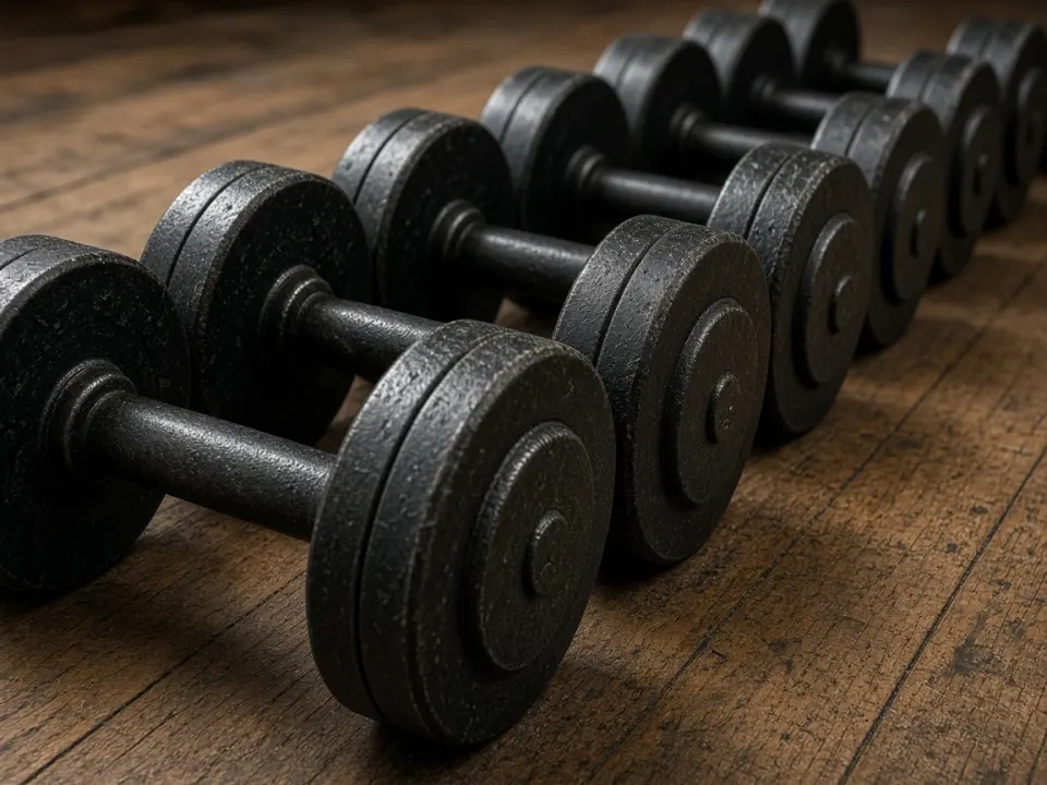 A close row of iron dumbbells on a wooden gym floor