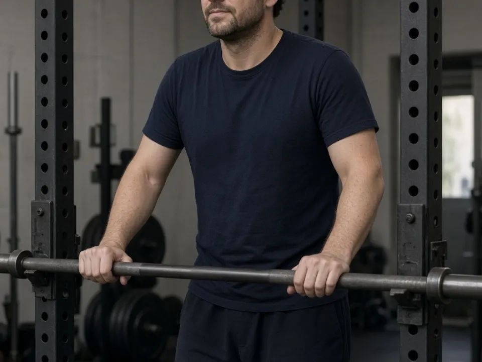 A man in a navy t-shirt standing at a barbell in a squat rack
