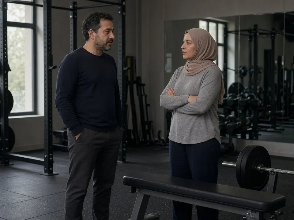 Two adults in modest gym clothes talking beside a weight bench