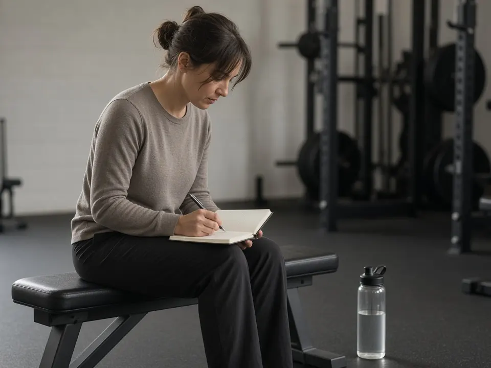 An adult in long sleeves sitting on a gym bench writing sets into a paper notebook