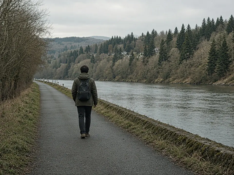 A person with a backpack walking a riverside paved path