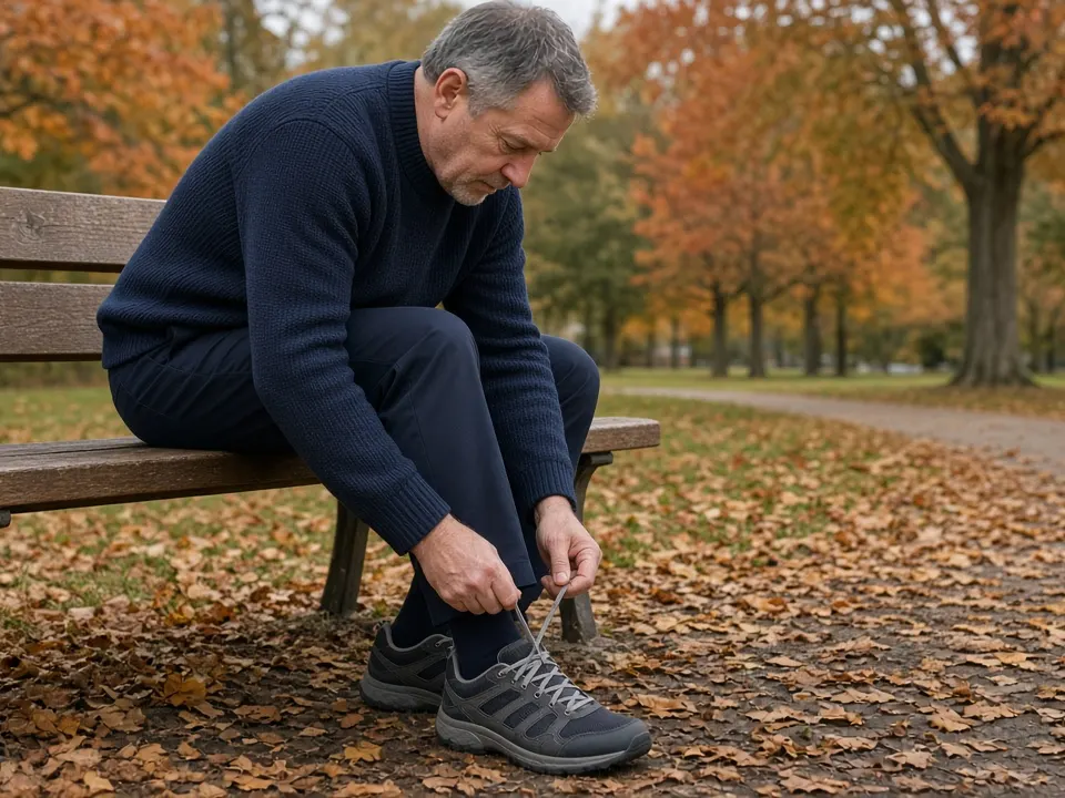 A person on a park bench tying walking shoes