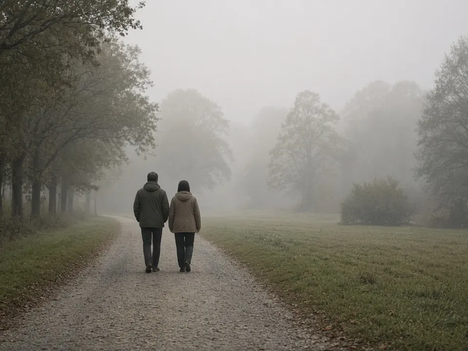 Two people in jackets walking a gravel park path seen from behind