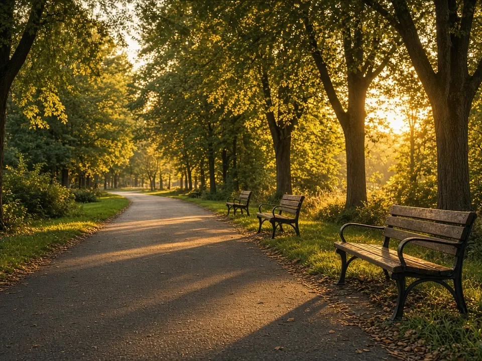 An empty park path with wooden benches and trees in warm light