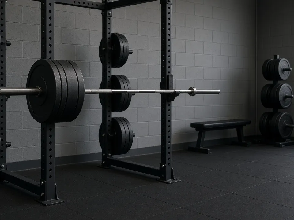 A quiet gym interior with a squat rack and stacked iron plates