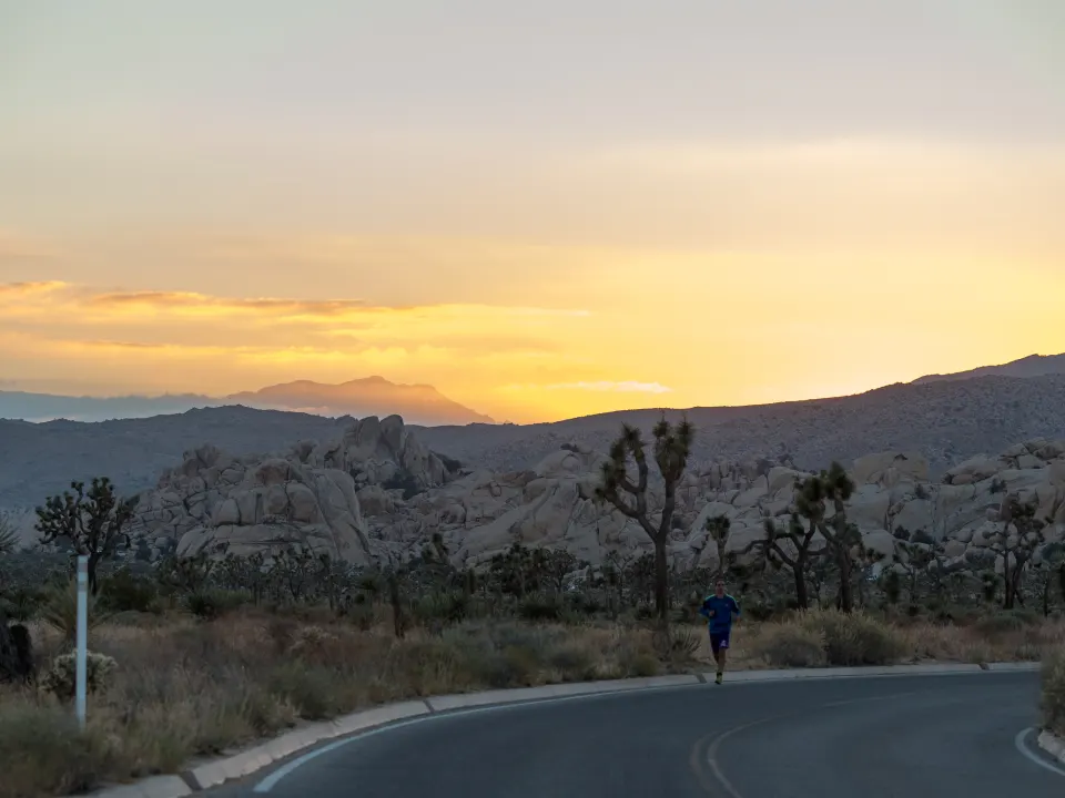 A distant runner on a desert road at sunset