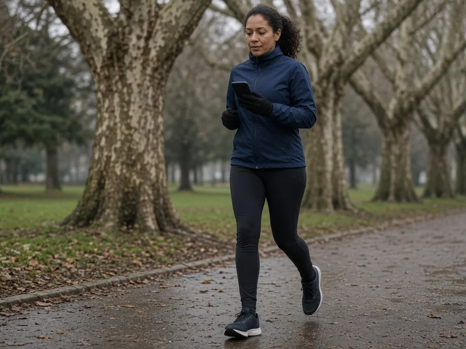 A woman in a navy jacket jogging through a park while holding a dark smartphone