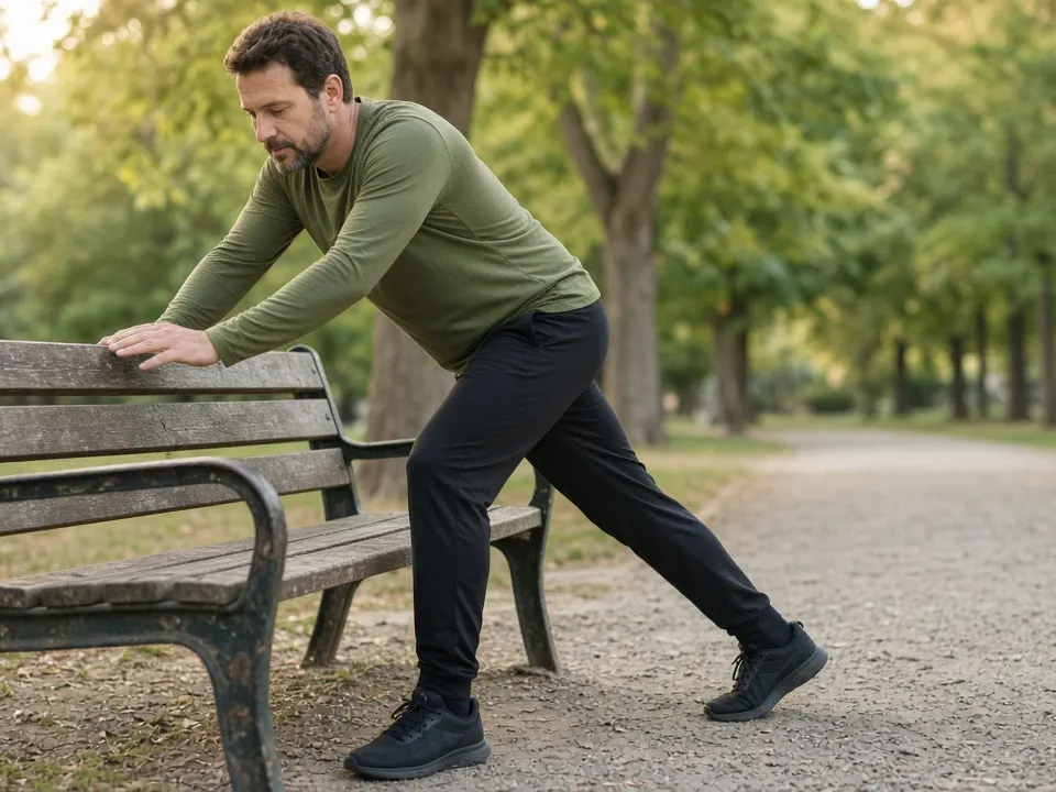 A man in a long-sleeve top stretches a calf against a park bench after a run